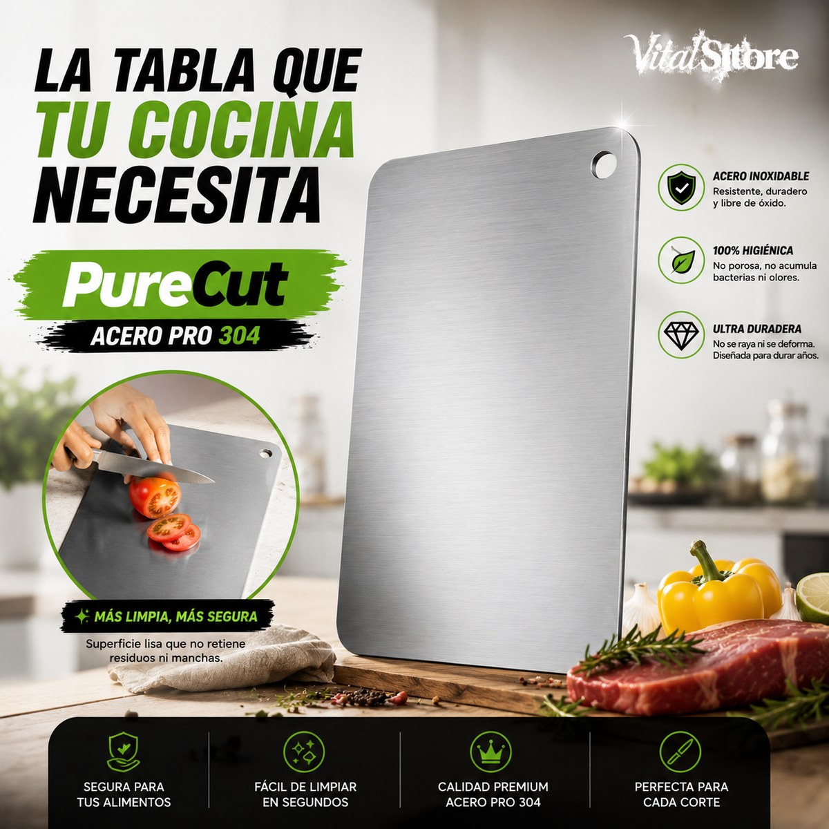 Tabla de Cortar PureCut® — Acero Inoxidable Antibacterial
