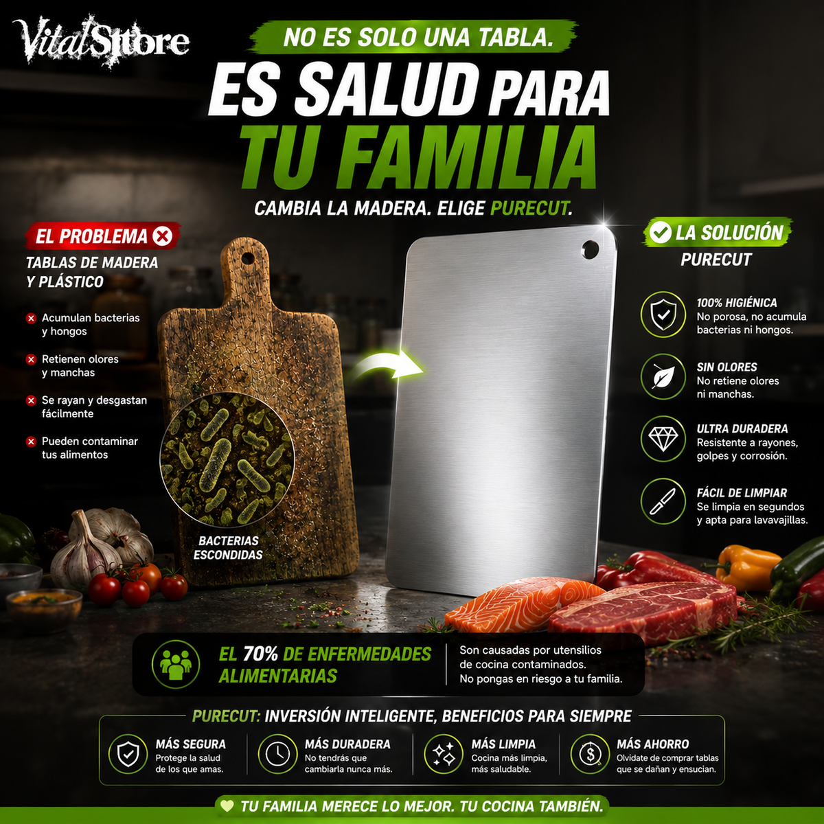 Tabla de Cortar PureCut® — Acero Inoxidable Antibacterial